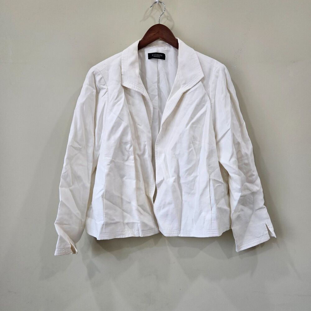 Talbots Womens 100% Linen Blazer Jacket White Open Front Pockets Career Preppy
